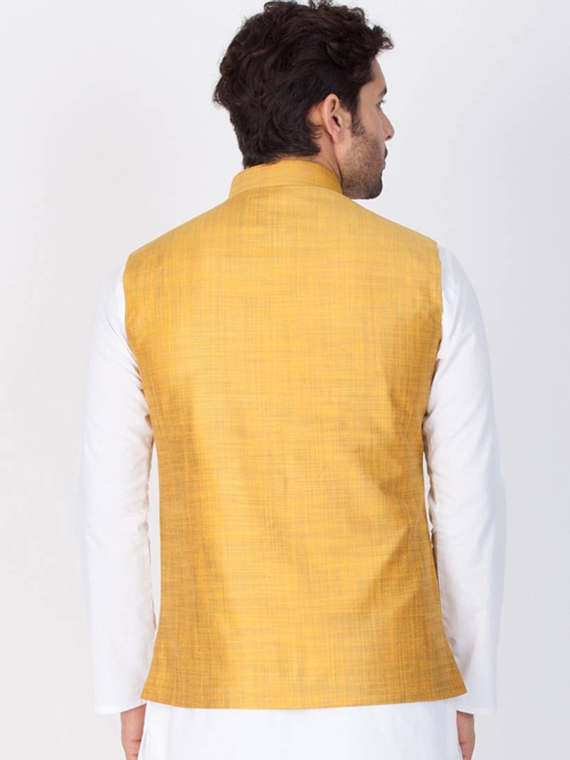 Men's Yellow 
Cotton Blend
 Solid
 Nehru Jackets